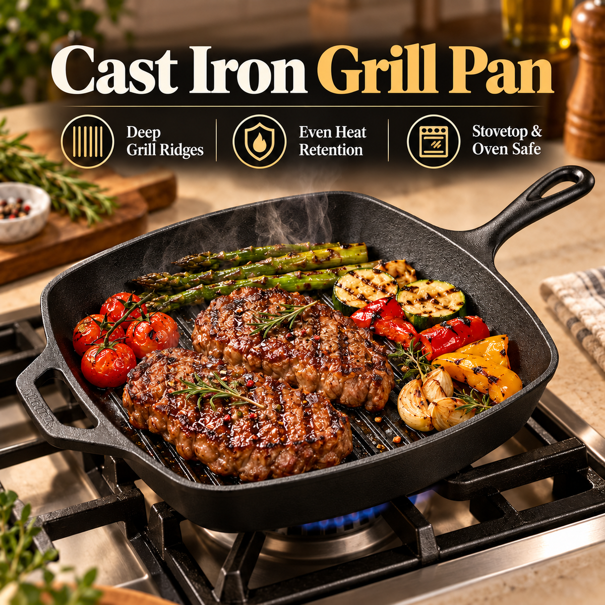 Tors Premium Pre-Seasoned Cast Iron Grill Pan – Square Ribbed Skillet with Dual Handles for Steak, BBQ, and Stove-to-Oven Cooking