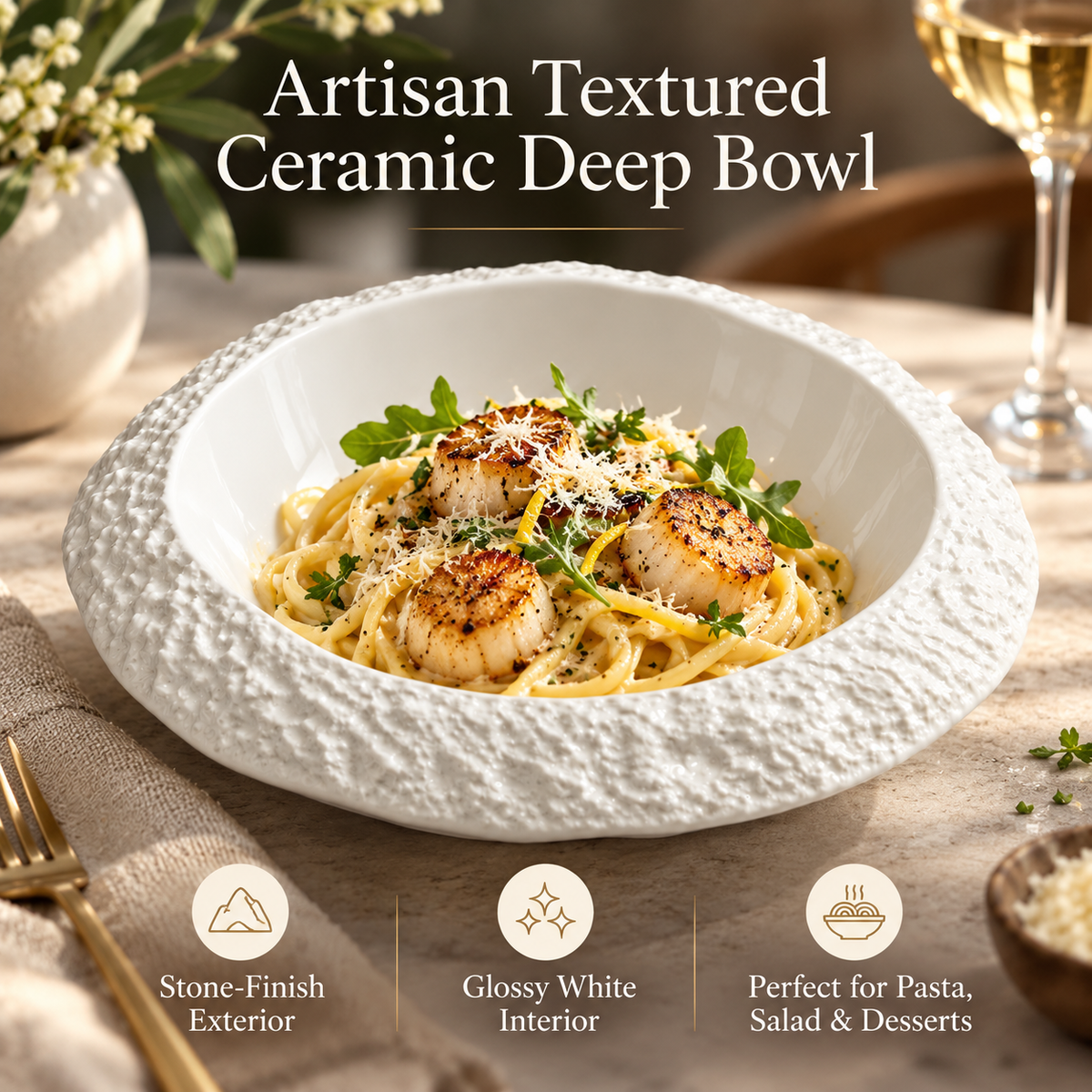 Artisan Textured White Ceramic Deep Bowl – Elegant Stone-Finish Pasta &amp; Salad Plate for Fine Dining
