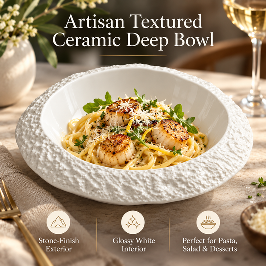 Artisan Textured White Ceramic Deep Bowl – Elegant Stone-Finish Pasta &amp; Salad Plate for Fine Dining