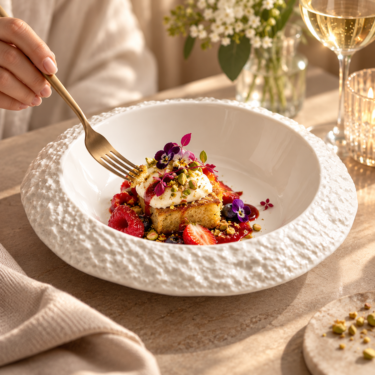 Artisan Textured White Ceramic Deep Bowl – Elegant Stone-Finish Pasta &amp; Salad Plate for Fine Dining