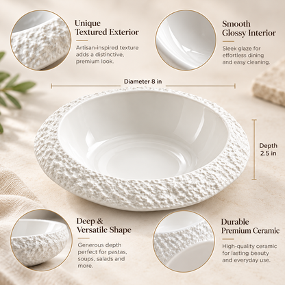 Artisan Textured White Ceramic Deep Bowl – Elegant Stone-Finish Pasta &amp; Salad Plate for Fine Dining