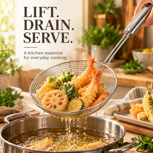 Premium Stainless Steel Spider Strainer Skimmer – Fine Mesh Pasta & Fry Strainer with Long Handle