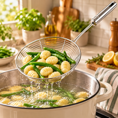 Premium Stainless Steel Spider Strainer Skimmer – Fine Mesh Pasta & Fry Strainer with Long Handle