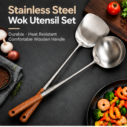 2-Piece Stainless Steel Wok Spatula & Ladle Set – Premium Cooking Utensils with Ergonomic Wooden Handles & Hanging Holes for Stir-Frying, Serving Soups & Everyday Cooking
