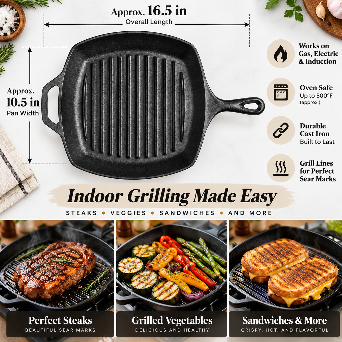 Tors Premium Pre-Seasoned Cast Iron Grill Pan – Square Ribbed Skillet with Dual Handles for Steak, BBQ, and Stove-to-Oven Cooking