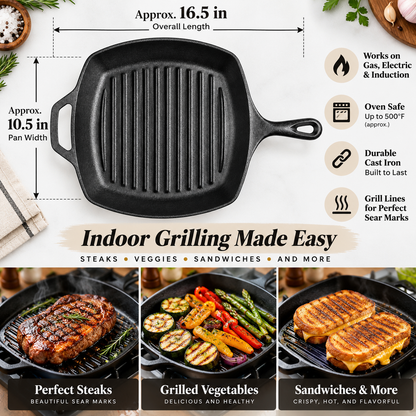 Tors Premium Pre-Seasoned Cast Iron Grill Pan – Square Ribbed Skillet with Dual Handles for Steak, BBQ, and Stove-to-Oven Cooking