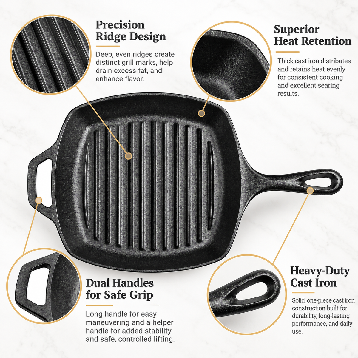 Tors Premium Pre-Seasoned Cast Iron Grill Pan – Square Ribbed Skillet with Dual Handles for Steak, BBQ, and Stove-to-Oven Cooking