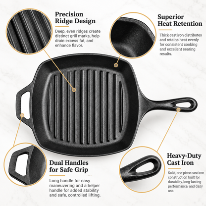 Tors Premium Pre-Seasoned Cast Iron Grill Pan – Square Ribbed Skillet with Dual Handles for Steak, BBQ, and Stove-to-Oven Cooking