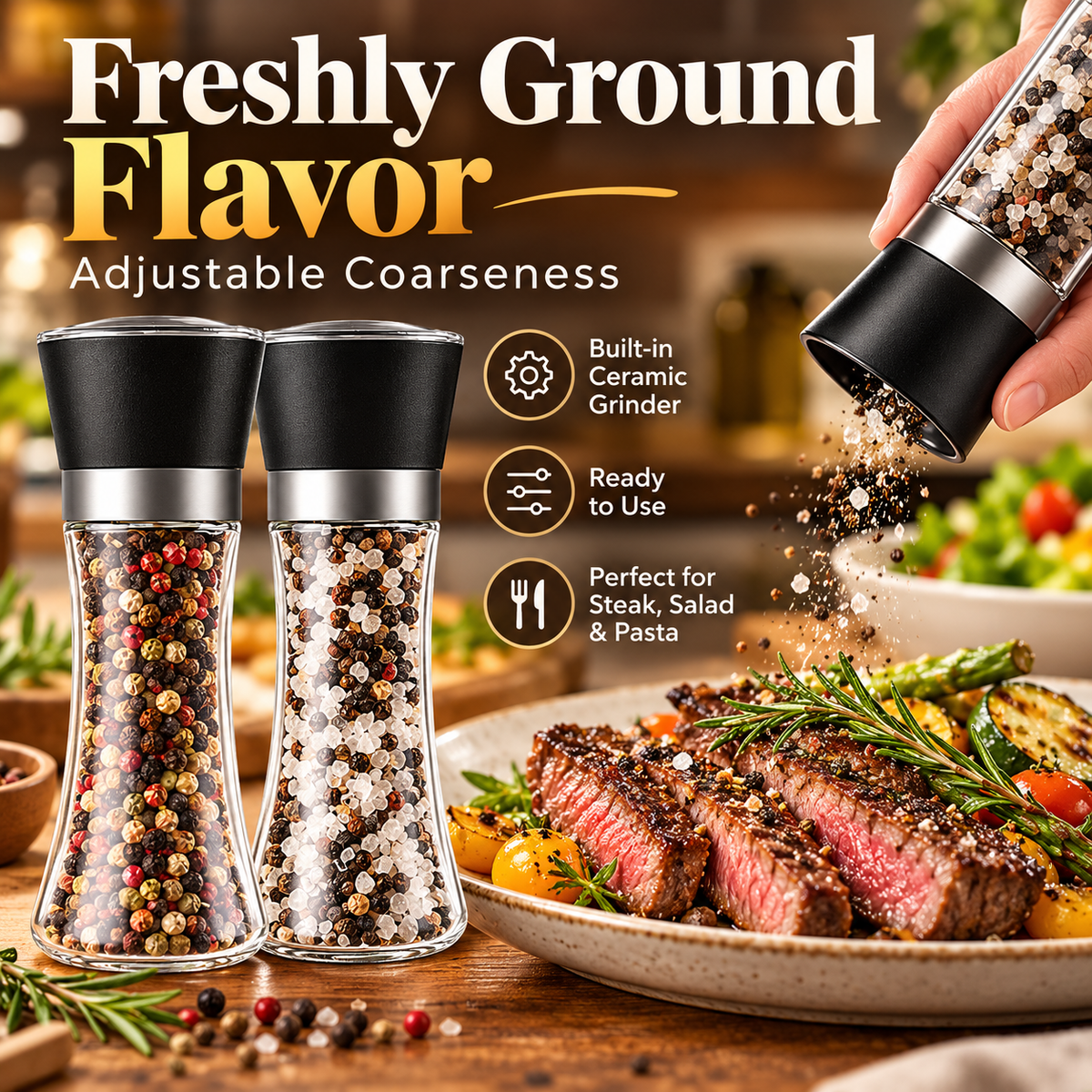Premium Refillable Salt &amp; Pepper Grinder Set – Adjustable Coarseness with Built-in Ceramic Grinder for Steak, Salad &amp; Western Cuisine