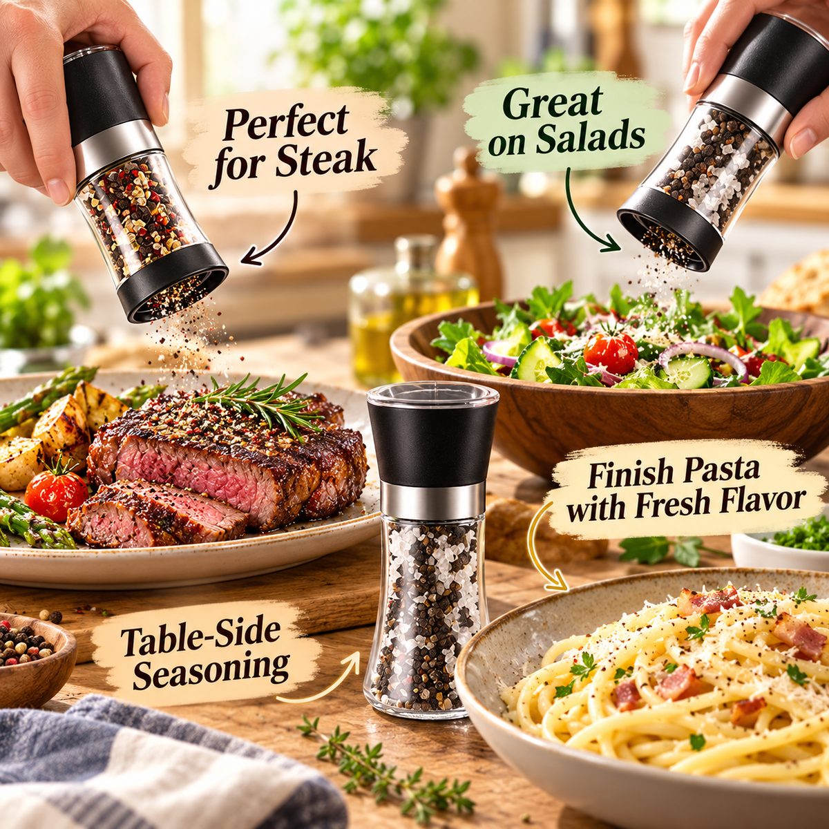 Premium Refillable Salt &amp; Pepper Grinder Set – Adjustable Coarseness with Built-in Ceramic Grinder for Steak, Salad &amp; Western Cuisine