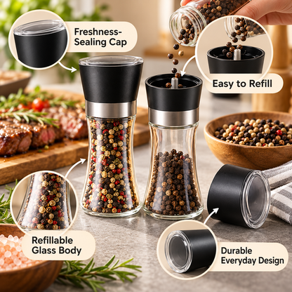 Premium Refillable Salt &amp; Pepper Grinder Set – Adjustable Coarseness with Built-in Ceramic Grinder for Steak, Salad &amp; Western Cuisine