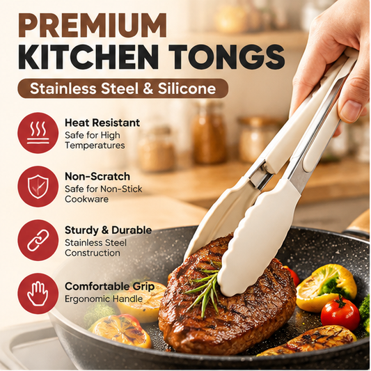 Stainless Steel Silicone Kitchen Tongs – Heat-Resistant Cooking Tongs with Non-Scratch Silicone Tips & Ergonomic Locking Handle for Grilling, Serving & Everyday Kitchen Use