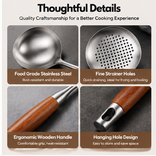 4-Piece Stainless Steel Kitchen Utensil Set – Premium Cooking Utensils with Ergonomic Wooden Handles & Hanging Holes for Stirring, Frying, Serving & Straining
