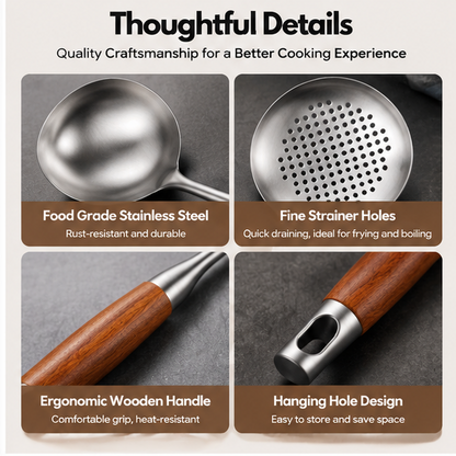4-Piece Stainless Steel Kitchen Utensil Set – Premium Cooking Utensils with Ergonomic Wooden Handles & Hanging Holes for Stirring, Frying, Serving & Straining