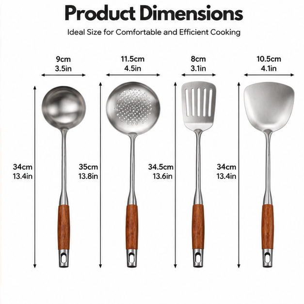 4-Piece Stainless Steel Kitchen Utensil Set – Premium Cooking Utensils with Ergonomic Wooden Handles & Hanging Holes for Stirring, Frying, Serving & Straining