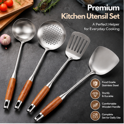 4-Piece Stainless Steel Kitchen Utensil Set – Premium Cooking Utensils with Ergonomic Wooden Handles & Hanging Holes for Stirring, Frying, Serving & Straining