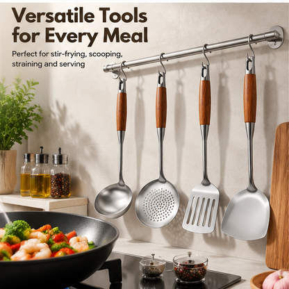 4-Piece Stainless Steel Kitchen Utensil Set – Premium Cooking Utensils with Ergonomic Wooden Handles & Hanging Holes for Stirring, Frying, Serving & Straining