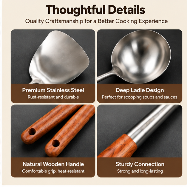 2-Piece Stainless Steel Wok Spatula & Ladle Set – Premium Cooking Utensils with Ergonomic Wooden Handles & Hanging Holes for Stir-Frying, Serving Soups & Everyday Cooking