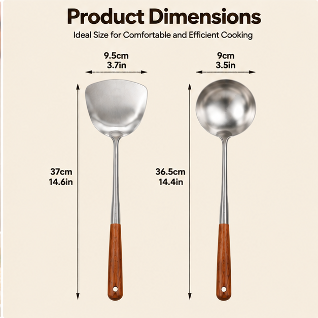 2-Piece Stainless Steel Wok Spatula & Ladle Set – Premium Cooking Utensils with Ergonomic Wooden Handles & Hanging Holes for Stir-Frying, Serving Soups & Everyday Cooking