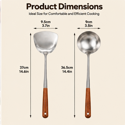 2-Piece Stainless Steel Wok Spatula & Ladle Set – Premium Cooking Utensils with Ergonomic Wooden Handles & Hanging Holes for Stir-Frying, Serving Soups & Everyday Cooking