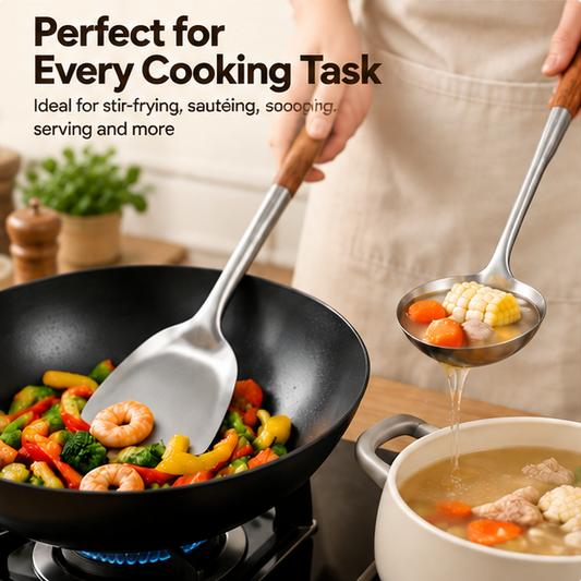 2-Piece Stainless Steel Wok Spatula & Ladle Set – Premium Cooking Utensils with Ergonomic Wooden Handles & Hanging Holes for Stir-Frying, Serving Soups & Everyday Cooking