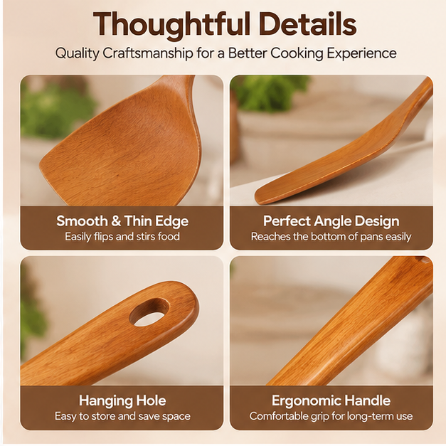 Japanese-Style Wooden Cooking Spatula – Natural Wood Turner with Thin Angled Edge, Ergonomic Handle &amp; Hanging Hole for Stir-Frying, Flipping &amp; Everyday Cooking