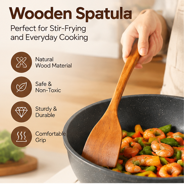 Japanese-Style Wooden Cooking Spatula – Natural Wood Turner with Thin Angled Edge, Ergonomic Handle &amp; Hanging Hole for Stir-Frying, Flipping &amp; Everyday Cooking