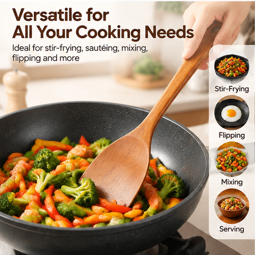Japanese-Style Wooden Cooking Spatula – Natural Wood Turner with Thin Angled Edge, Ergonomic Handle &amp; Hanging Hole for Stir-Frying, Flipping &amp; Everyday Cooking